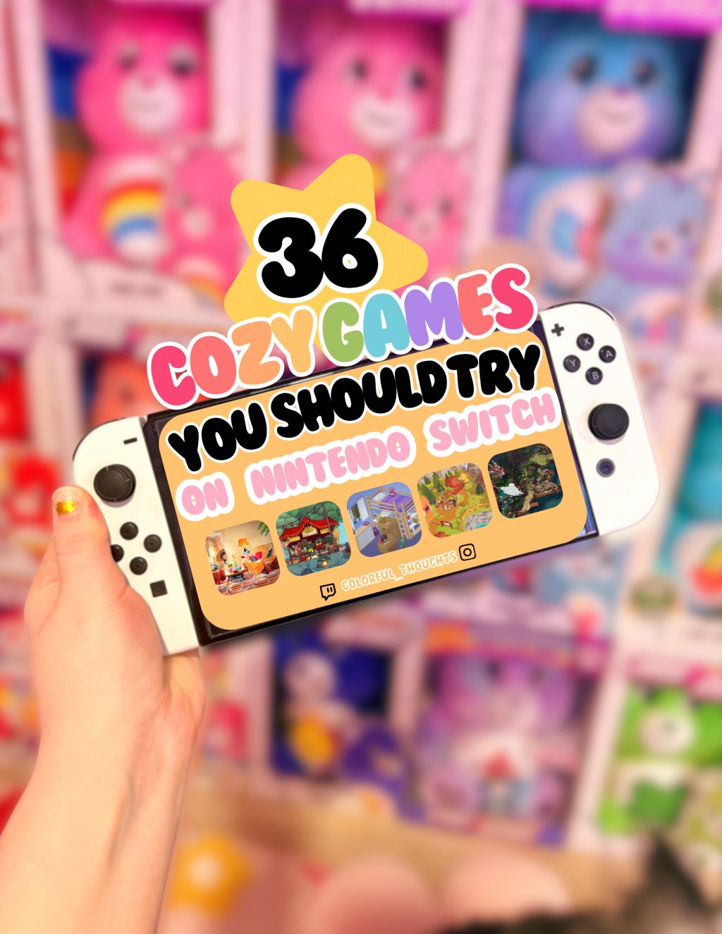 Cover image for the content with 36 cozy games that are meant to be played on the nintendo switch. The background is very colorful.
